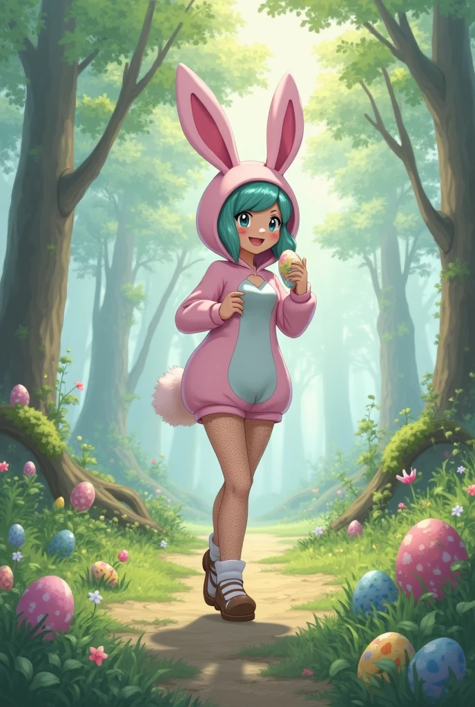 Misty from Pokemon HGSS,  suit, easter eggs, outdoors, forrest, smile face, blush face, looking for Easter eggs. Curvy body, stockings. 