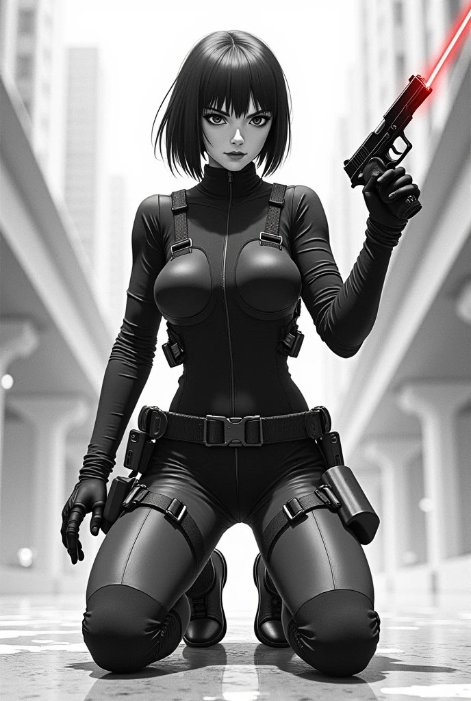 Sleuthing in Style, On a covert mission, Black Widow stealthily investigates her surroundings, her tight suit allowing for silent movement while showcasing the sleek lines of her body, including her firm buttocks. With a determined gaze and stealthy grace, she uncovers secrets with finesse.
Her short classic bob haircut, her piercing green eyes.
