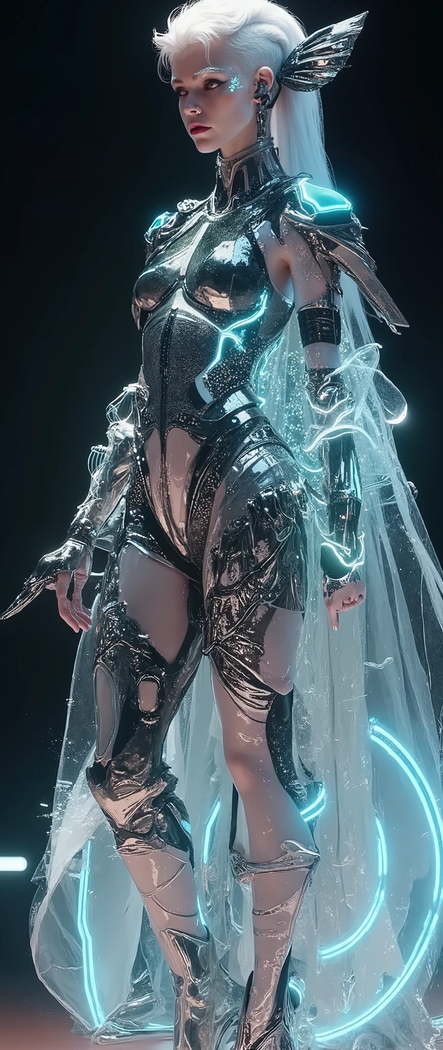 A tall androgynous asthenic supermodel on the catwalk demonstrates a futuristic high-tech suit from the year 3025, combining biodesign, digital technology and space aesthetics. A spectacular pose. A spectacular futuristic and surreal fashion look. A form-fitting bioluminescent neoprene jumpsuit with asymmetrical lines and luminous seams and magnetic fasteners for accessories. Inserts made of transparent flexible glass. An open carbon fiber "exoskeleton" that lights up blue when moving. Chameleon sleeves: Change texture from silk to armor when touched. A holographic belt with floating 3D icons (click and the accessories selection menu will appear). Hoof shoes with very high heels in the style of Alexander McQueen. Colors: Metallic, phosphor green, deep space blue, neon accents (electric blue, fuchsia, silver). Holographic very subtle and complex makeup, neon grid projection on cheekbones. His expression is detached and theatrical. Her white hair is styled in an incredible futuristic hairstyle. Stylized sky-fi podium, in the appropriate design. dark background, divine rays, directional lighting. Bright accent lighting, spectacular shadows in the details of clothing. It creates a sense of theatrical performance and spectacular fashion. Photography, fashion.A mix of Iris van Herpen, Balenciaga and cyberpunk. Elements of neo-cyberpunk, gothic, punk and fetish are noticeable. The technical details are like NASA, but with the luxury of Maison Margiela.High resolution (8K), photorealism with CGI elements.
