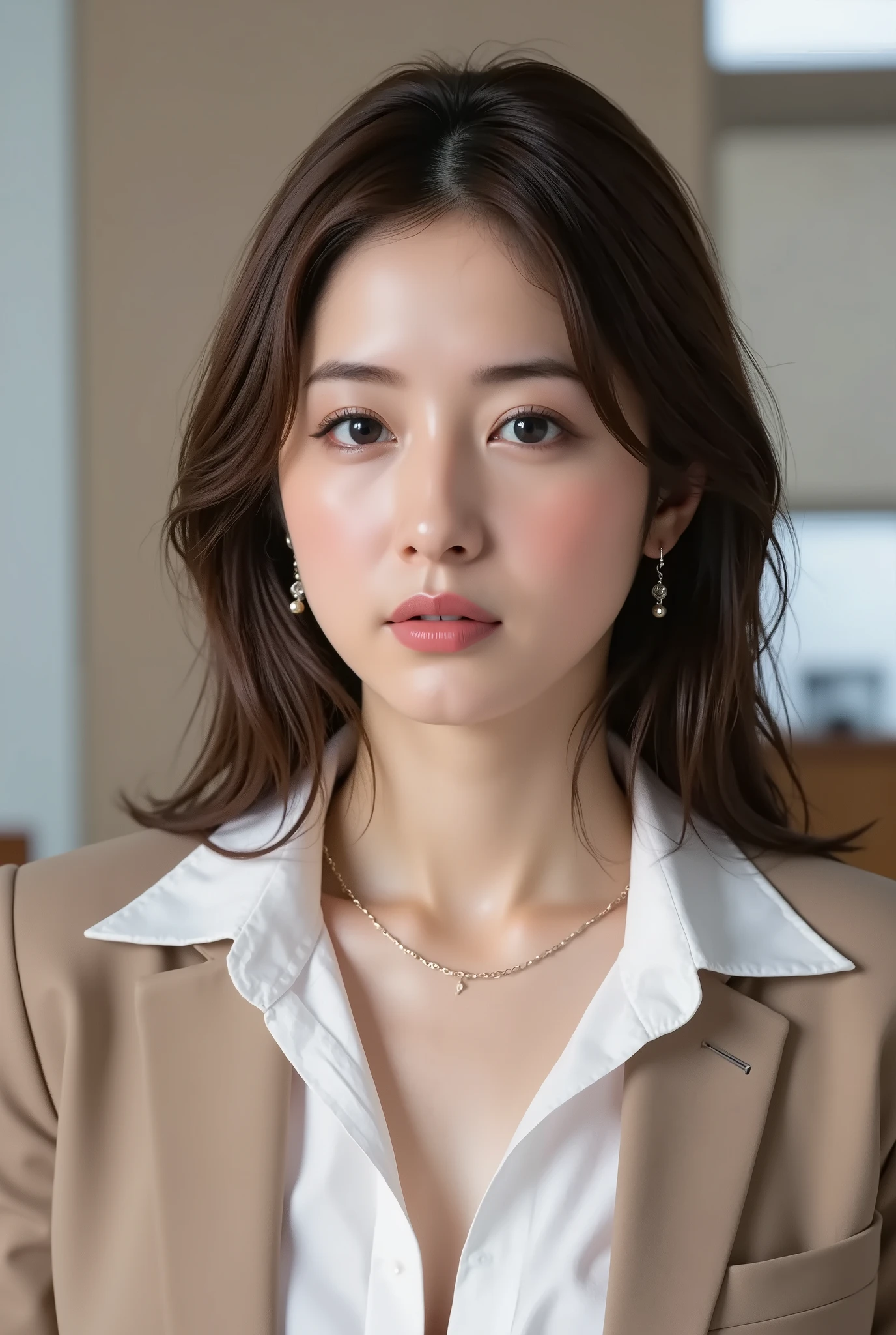 This is Japanese News Caster NHK News.., serious expression,、office lady suit、white shirt、ear piercing、necklace、Dark eyeshadow、Red cheeks