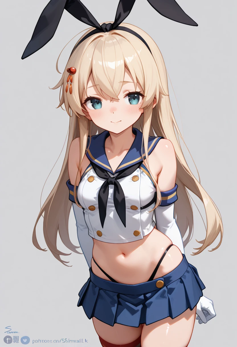 (masterpiece, best quality), 1girl, <lora:shimakaze:1> shimakazeKC, 1girl, solo, long hair,skirt, hair ornament, thighhighs, gloves, navel,black panties,hairband,serafuku, elbow gloves,sailor collar, neckerchief, striped thighhighs, highleg panties,