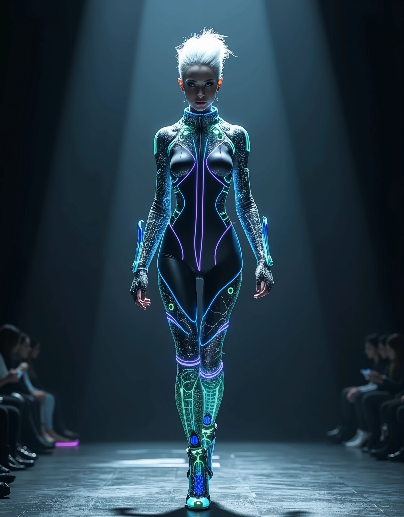 A tall androgynous asthenic supermodel on the catwalk demonstrates a futuristic high-tech suit from the year 3025, combining biodesign, digital technology and space aesthetics. A spectacular pose. A spectacular futuristic and surreal fashion look. A form-fitting bioluminescent neoprene jumpsuit with asymmetrical lines and luminous seams and magnetic fasteners for accessories. Inserts made of transparent flexible glass. An open carbon fiber "exoskeleton" that lights up blue when moving. Chameleon sleeves: Change texture from silk to armor when touched. A holographic belt with floating 3D icons (click and the accessories selection menu will appear). Hoof shoes with very high heels in the style of Alexander McQueen. Colors: Metallic, phosphor green, deep space blue, neon accents (electric blue, fuchsia, silver). Holographic very subtle and complex makeup, neon grid projection on cheekbones. His expression is detached and theatrical. Her white hair is styled in an incredible futuristic hairstyle. Stylized sky-fi podium, in the appropriate design. dark background, divine rays, directional lighting. Bright accent lighting, spectacular shadows in the details of clothing. It creates a sense of theatrical performance and spectacular fashion. Photography, fashion.A mix of Iris van Herpen, Balenciaga and cyberpunk. Elements of neo-cyberpunk, gothic, punk and fetish are noticeable. The technical details are like NASA, but with the luxury of Maison Margiela.High resolution (8K), photorealism with CGI elements.