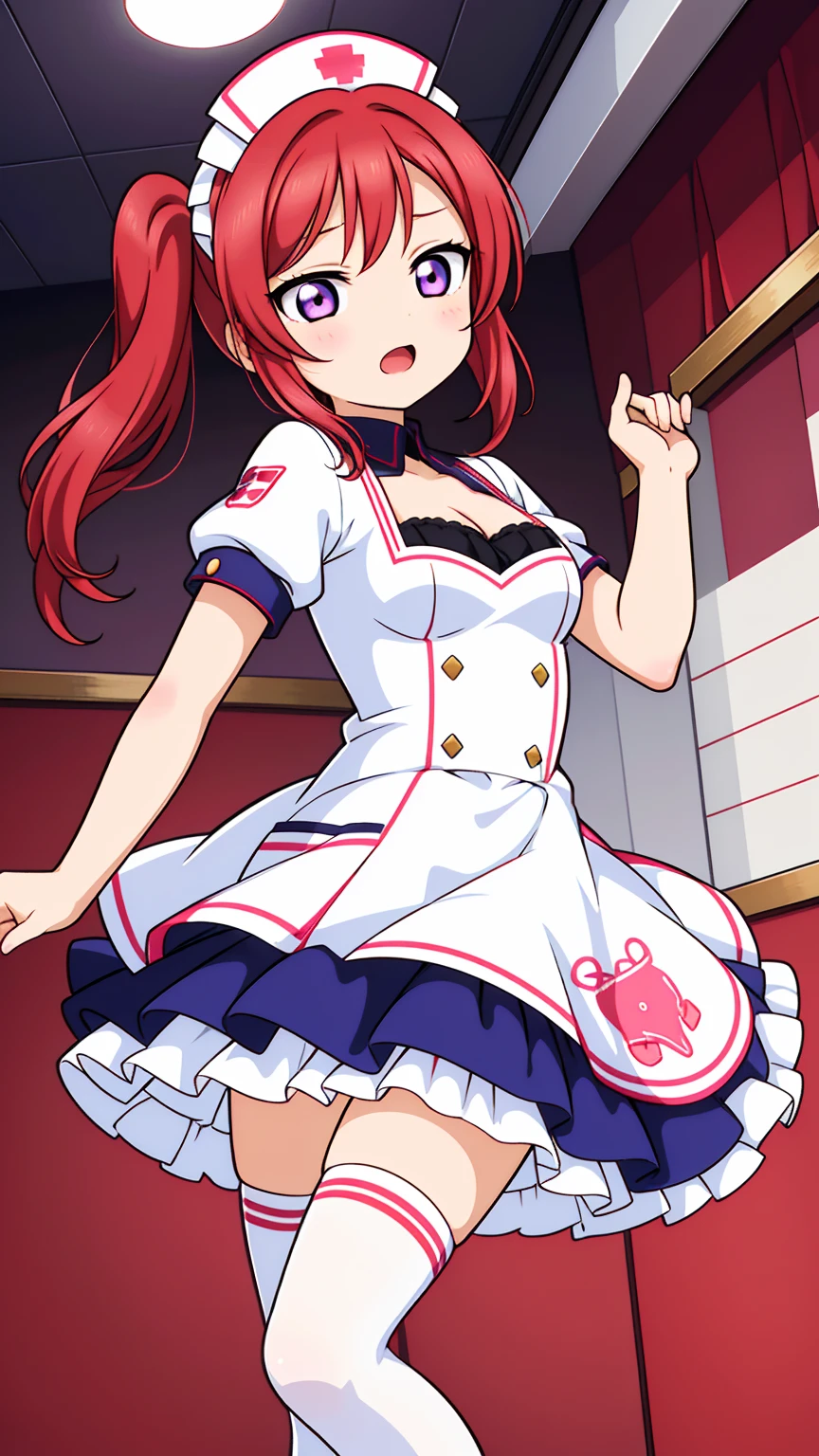 <lora:HirobaMahiru:0.8> (masterpiece:1.3), (best quality:1.3), (hires, high resolution:1.3), HirobaMahiru, 1boy, otoko no ko, thighhighs, nurse, blue eyes, hat, watch, nurse cap, wristwatch, open mouth, red hair, midriff, skirt, white thighhighs, smile, zettai ryouiki, kneeling