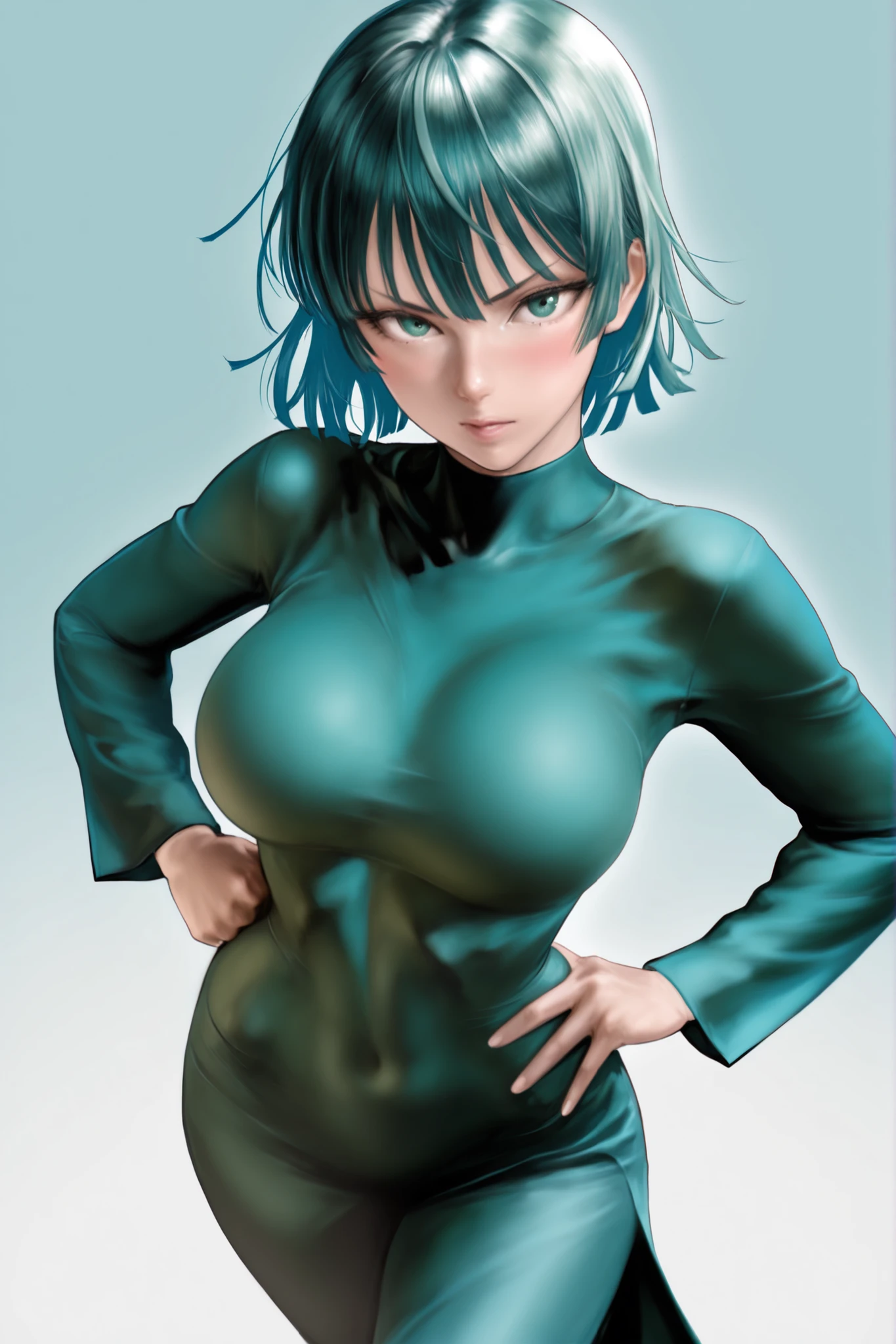 score_9, score_8_up, score_7_up, score_6_up, score_5_up, score_4_up,
BREAK
(masterpiece: 1.0), best quality, perfect anatomy, perfect composition, perfection, Realistic proportions, realistic anatomy, by Yusuke Murata
BREAK
use of shape theory, use of anatomy, defined body, defined textures, defined fabric folds. (dynamic pose, foreshortening, foreshortening, dynamic pose,) bgport
BREAK
1girl, solo, breasts, looking at viewer, blush, simple background, Fubuki (one punch man), dynamic pose, thick lines, hands on hips, high angle