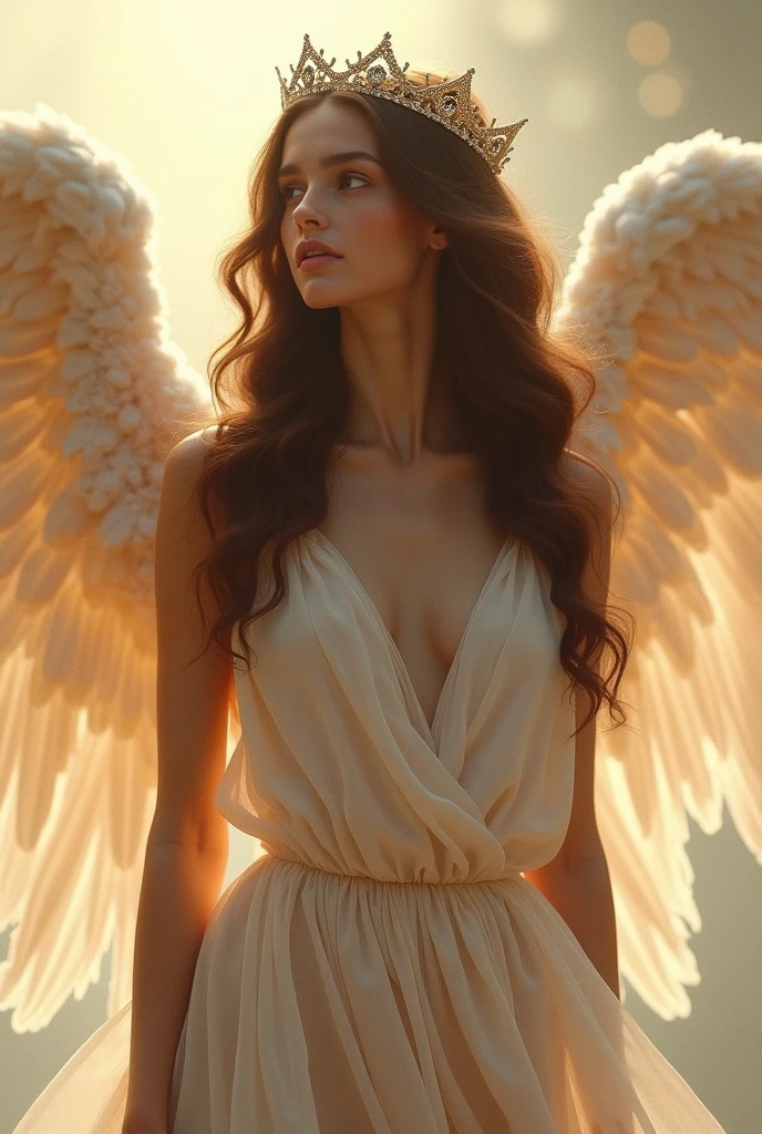 a fallen angel, her body is separate in two half: half angel and half demon, (angel:0.5 demon 0.8) ultra hot gorgeous European woman.age 23. Epic cleavage (100e breast side) ethereal light, golden halo, wings of light and shadow, divine light, heavenly realm, dramatic expression, intense gaze, chiaroscuro lighting, digital art, cinematic composition, epic fantasy, intricate detail, photorealistic, hyper-detailed, award-winning, masterpiece