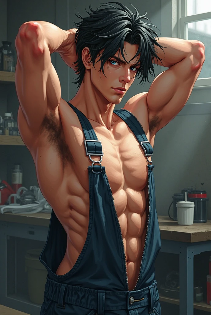 (naughty man) (long black  hair) (Eyes red) (muscled body) (hair on the abdomen) (armpit hair) (wears a black leather jacket) (White tank top) (blue jeans)