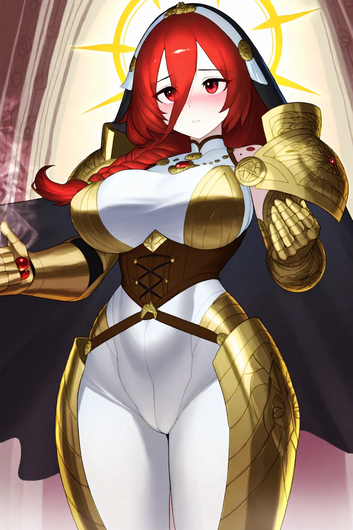 ((masterpiece)), ((high quality)), ((super detailed)), ((high resolution)) ,((8k)), a beautiful woman, ((She is one of the most famous female holy knight)), unparalleled beauty, ((huge breast)), ((large ass)), ((deep cleavage)), slim waist, chest out, ultra detailed face, perfect skin, (((long orange straight hair))), red eyes, detailed eyes, whole body image, (((anime))), ((glamorous)), 21 years old, ((incredibly beautiful woman)), ((The I cup bust)), ((((bikini armor)))), ((beautiful breasts)), beautiful legs, 8 life size, anime, the most beautiful and strongest, ((charm)), ((Grown-up face)), ((Perfect fingers)), ((Bewitching)), ((A young heroine)), ((((from below)))),