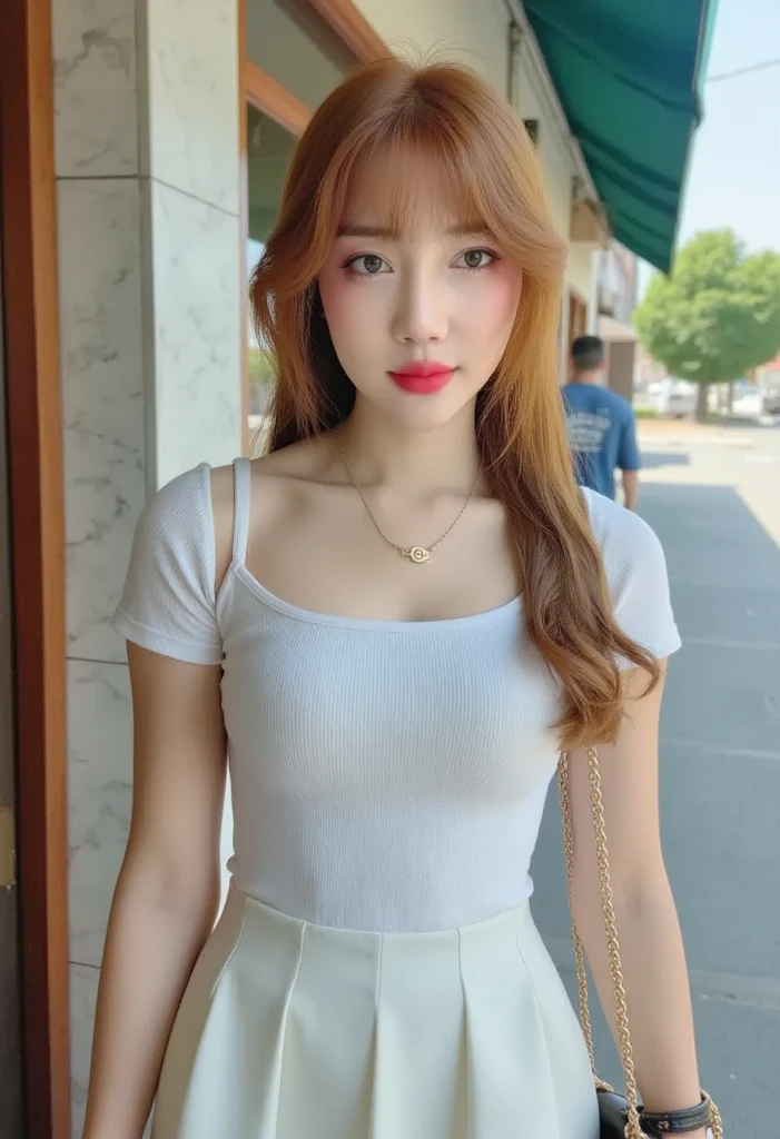 (best quality), high quality, very high resolution, (ultra detailed), 8k, (hyper realistic),Ray Tracing, japanese , Summer Shirts, skirt, Light Blonde, School stairs, going down School stairs, Chest thrust pose, Breast-flaunting pose,Cool Korean 16 year old, ((Very small breasts)), Beautiful eyes in every detail,Beautiful and slim legs, Beautiful and thin thighs, Random Medium Hair, Tie your hair behind your head, Earrings,