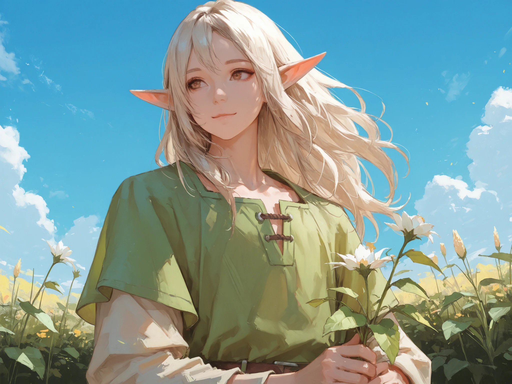 upper body shot, Dutch angle shot, makes an aesthetic, Master piece, Best Quality, ultra detailed, (male:1.3) elf, solo, (male:1.3)long Hair, beautiful platinum blonde hair, light smile, beautiful brown eyes, male elven tunic, holding a magical fruits, Garden of Magical Fruits, toned, spring, blue sky