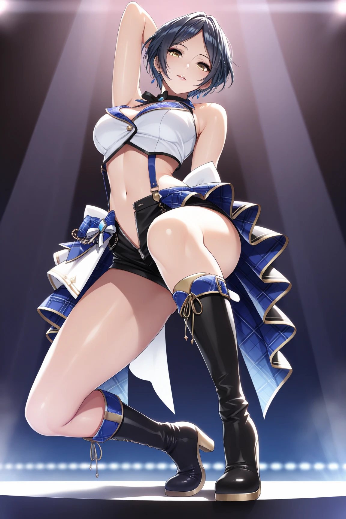 (Super detailed、Ultra-high resolution、Detailed Background)、((Flat Color))、((colorful))、((浮かぶcolorfulな水))、One female secretary in the office、body paint、Pop tattoo on belly、Big Breasts、Sexy Random Pose、Angle view from below、
(Medium Hair、Silver Hair、hair ornaments)、Beautiful blue eyes、Beautiful red lip、(blouse、Black Micro Mini Skirt、choker、Knee-high stockings、garter belt）、Sexy uniform showing the underside of the chest）、(((Underboob)))、TWICE&#39;s Tzuyu&#39; on pause、（fun、smile、A rich expression）、
I can see her panties、Tiny Panties、cameltoe