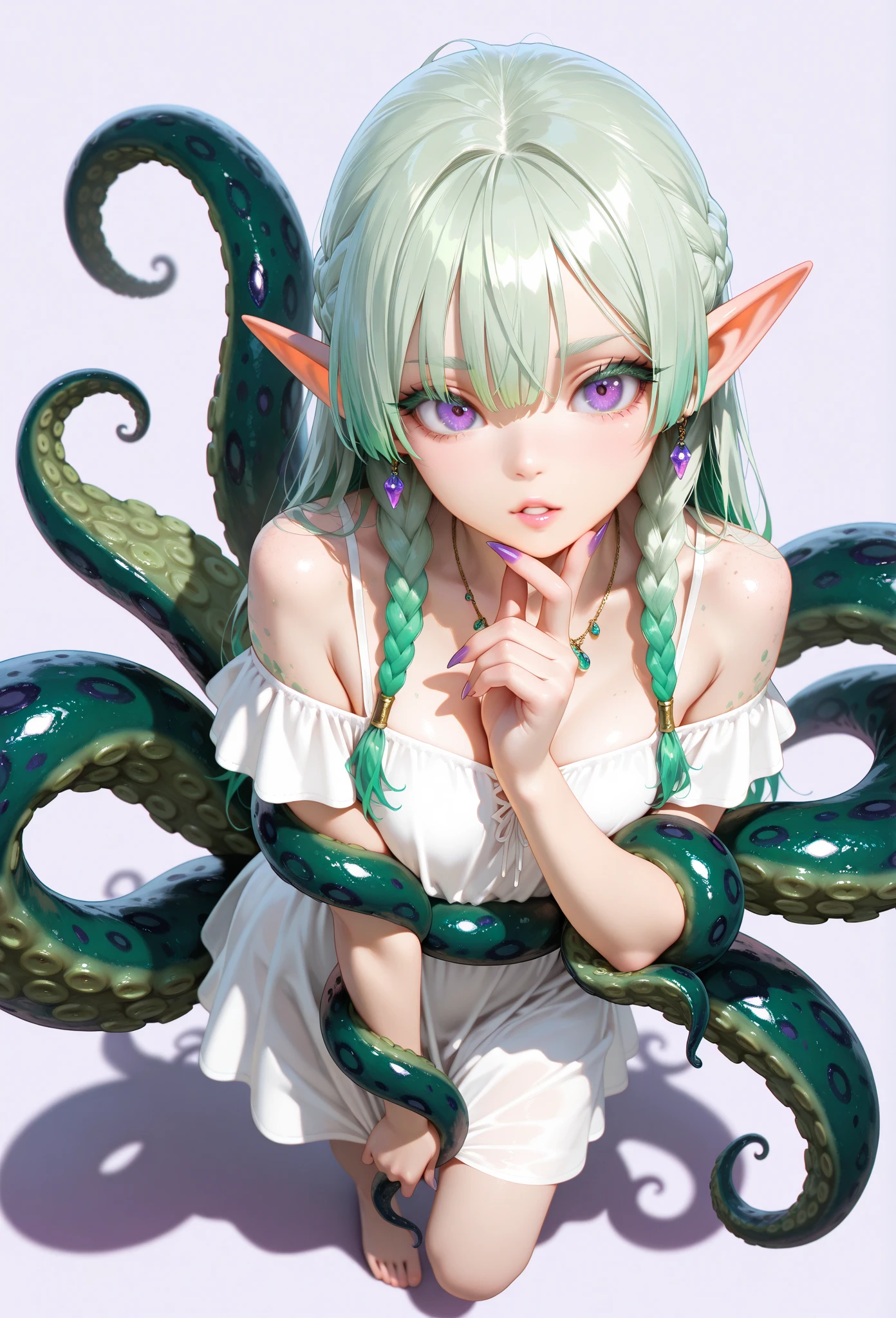 ((masterpiece)), ((best quality)), (ultra-detailed),(in the abandoned house),(monster),(((many tentacles wrap arotnd the body))),a cute girl, 1girl, solo, (white girly dress),((many tentacles bound arms)), ((thin waist)),large breast, slim, slender,beautiful brown hair, beautiful blue eyes, (beautiful eyes), long hair,troubled expressio, lewd and horny facial expression