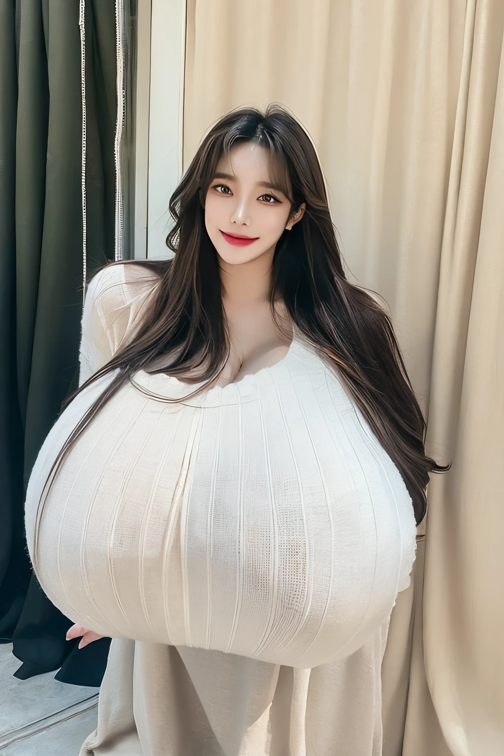 1girl sex pose, standing sideways, facing left, eyes focused in front of the camera, both palms on the table, long hair, brown hair, red hair tie, pink lips, detail lips, red eyes, detail red eyes, red rope tie on left sleeve, huge breasts, huge boobs, huge nipple, huge oreola, gigantic breasts, gigantic boobs, gigantic nipple, gigantic oreola, milking, breastfeeding, breasts expansion, nipple expansions, milk in breasts, sea milk in body, milk in body, sea milk body, sea milk bath, sea milk in nipple, huge ass, milk sea, masterpiece, HDR, UHD, high details, High quality, Best quality, 8k resolution, 32k resolution, perfect resolution, perfect quality, HD, Ultra Details, Ultra realistic, Ultra realistic, Ultra realty, 70 mm lens,