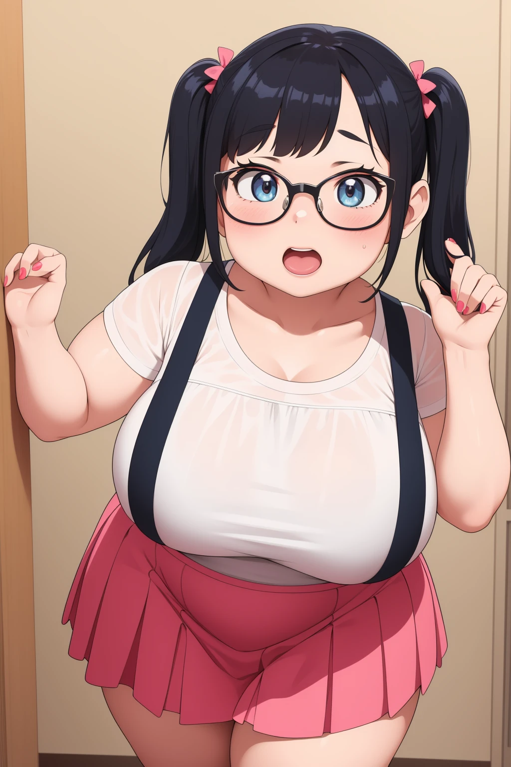 ((highest quality)),(kawaii:1.2) break (Morbid obesity:1.7),cute break (((obese))) break (Light black hair),Braid,Red rimless glasses,Under Rim,((Bangs Bangs)) break ahegao,Double chin break (see through dress),open clothes break (saggy :1.3),(long breasts((wet skin))),nipple,nightclak (pussy juice),(cum iny),(cum in asse:1.2),off pussex,heten on top