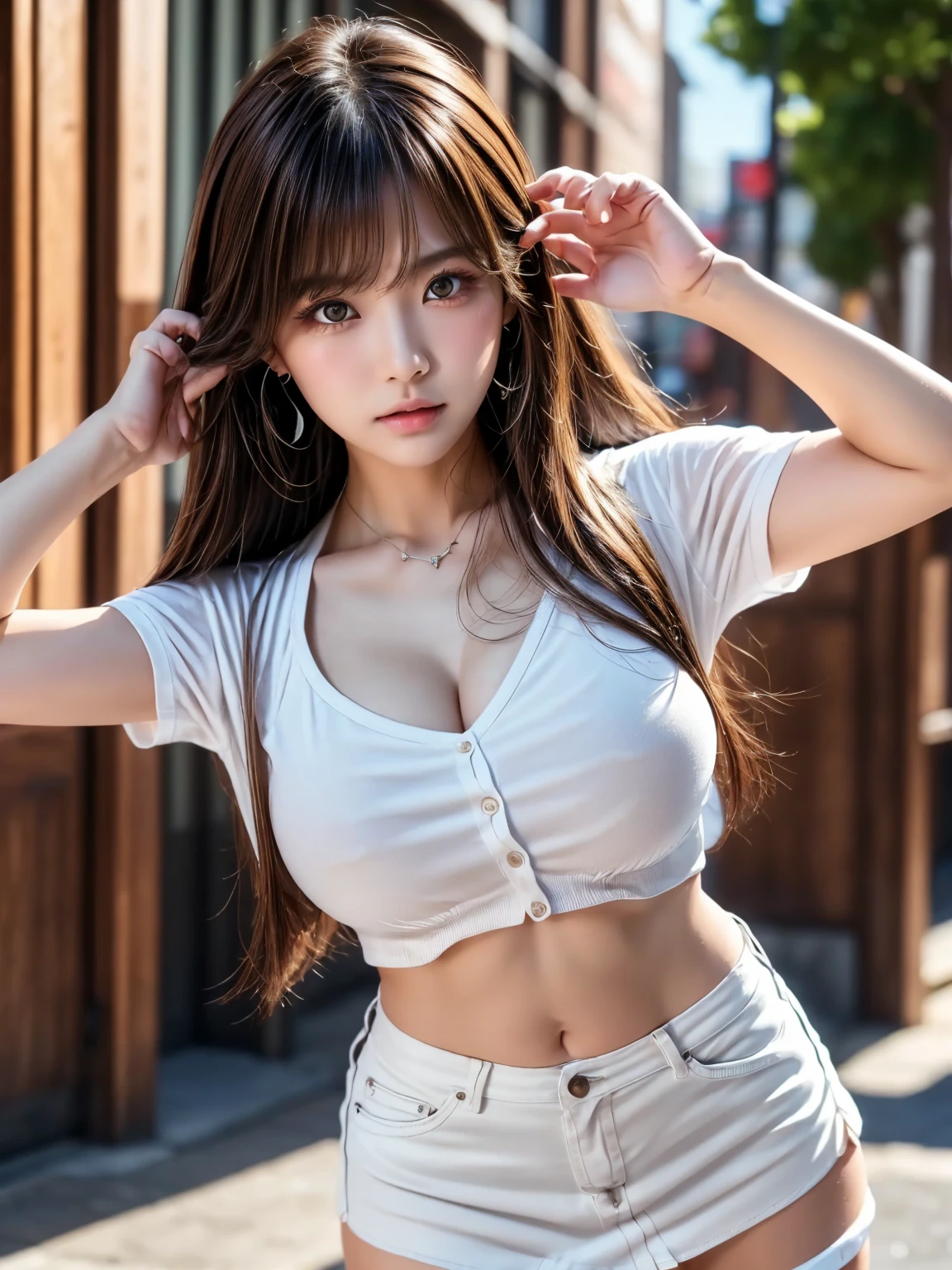 1 woman、Japanese、18-year-old、Refreshing、clear、seems kind、stylish、attractive narrow eyes、Pitiful、天使のようにcute、cute、Idol,actress,big breasts),(big breasts:1.6).(very cute),(big ass)、(very bright blonde),(long hair),(curly hair),(oily skin:1.4),(dark tanned skin:1.4),{(Tanned skin in a wheat color)}、{(Slimy skin with oil)}.,(earrings),(brown eyes),(highlight on eyes:1.4),Break,(In 8K、Live shooting、highest quality、masterpiece:1.2、optimal lighting)、masterpiece,(Photo taken by a professional photographer),(real、フォトreal:1.37),break,(Highly exposed gal fashion)、(((Jeans pants with many holes due to hard distressing、A flashy white tank top) )), (portrait),(embarrassed face),close up of face,cleavage,dynamic angle,squatting、one hand behind head、Shinjuku, Tokyo、kabukicho