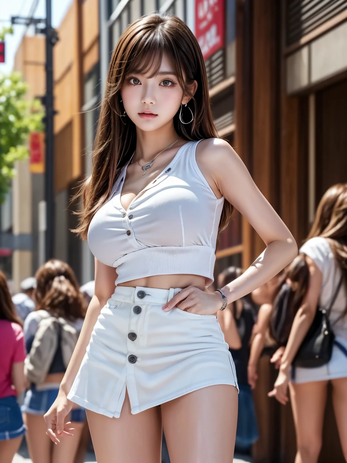 (highest quality, 8k, masterpiece, Ultra HD: 1.3), (K-POPアイドル: 1.4), かわいい1 girl, (Big Breasts: 1.2), (Long Hair), Abdominal muscles, Perfect figure, Ultra-thin face, Delicate lips, beautiful, Wet Skin, Sweaty skin, Wavy blonde hair, Light silver hair , Ultra-fine needles, Thin fingers , Tight shirt (transparent), ((tight short miniskirt)), Dress shirt, Open Dress shirt, A shirt show was held , naked, ((naked)), Detailed face , At the park center, building, building, Punk Girl, transparent, smile , Long legs, beautiful脚, Thin legs、beautiful, masterpiece, highest quality, highly Detailed face, Perfect lighting, 1 girl, alone, matoi ryuuko b, senketsu, Suspender skirt, Squat,blush, Cowboy Shot、Sexy pose、Hair blowing in the wind。The nipples are erect、Get Around、(No bra、Do not wear underwear without panties)、(Detailed Expression、Perfect Face)