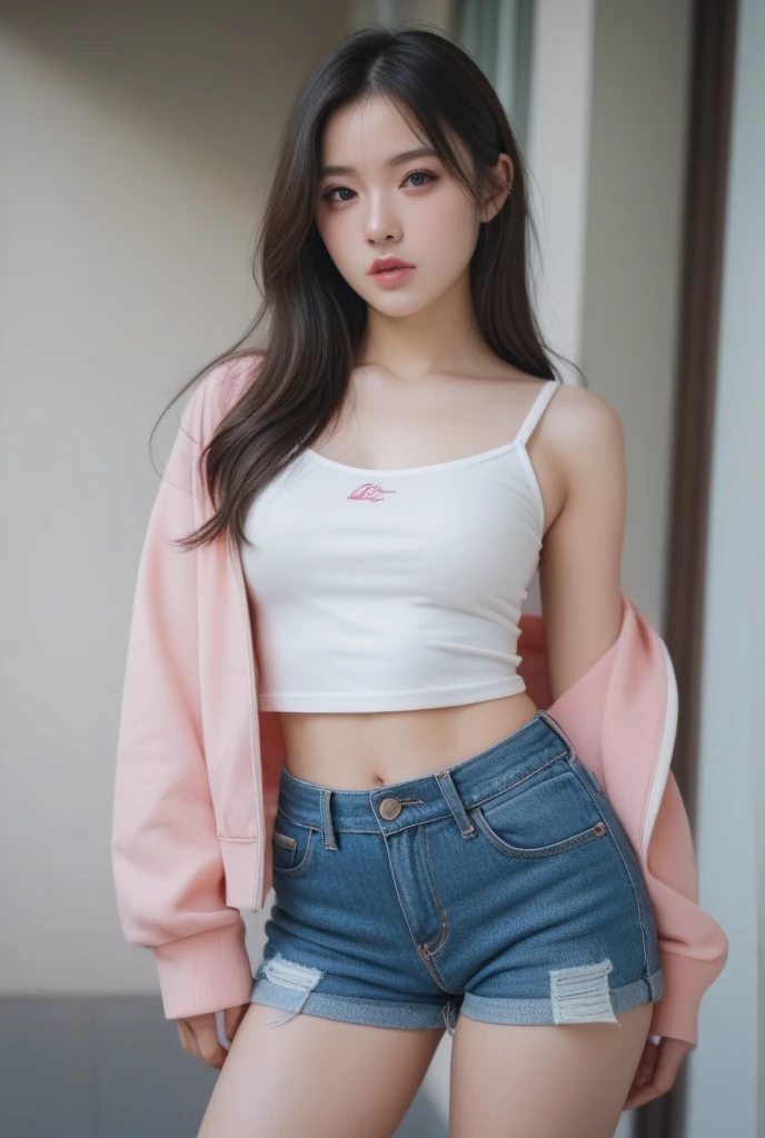 Foto sin procesar de 8K, high resolution, Cool 17 year old Korean., pechos grandes y redondos, , atar, atar ribbon, chaqueta de sport, falda, hermosos ojos en detalle, long eyelashes, beautiful double eyelids, sombra, ojos rasgados, ojos sanpaku, maquillaje de ojos oscuros, sonrisa maligna, Hermosas piernas delgadas, pelo corto recogido en la espalda, pendientes, aula de la escuela