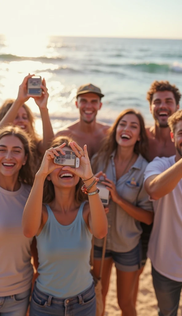 crowd of people dressed only in swim suits, looking on smartphones on beach, water, sitting, standing or laying, color, children, adults, man, woman, future times, child with smartphone in front of picture, sunny day, clouds, real photo