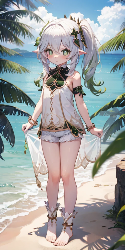 tmasterpiece, best qualtiy, Fine and detailed, A high resolution, Extremely Delicately Beautiful, (white hair), Close-up Shot Shot, (Green eyes), Be red in the face, cleavage, Off-the-shoulder attire, photo, perfect bodies, perfect bodies, white stockings, (Overlooking), sea