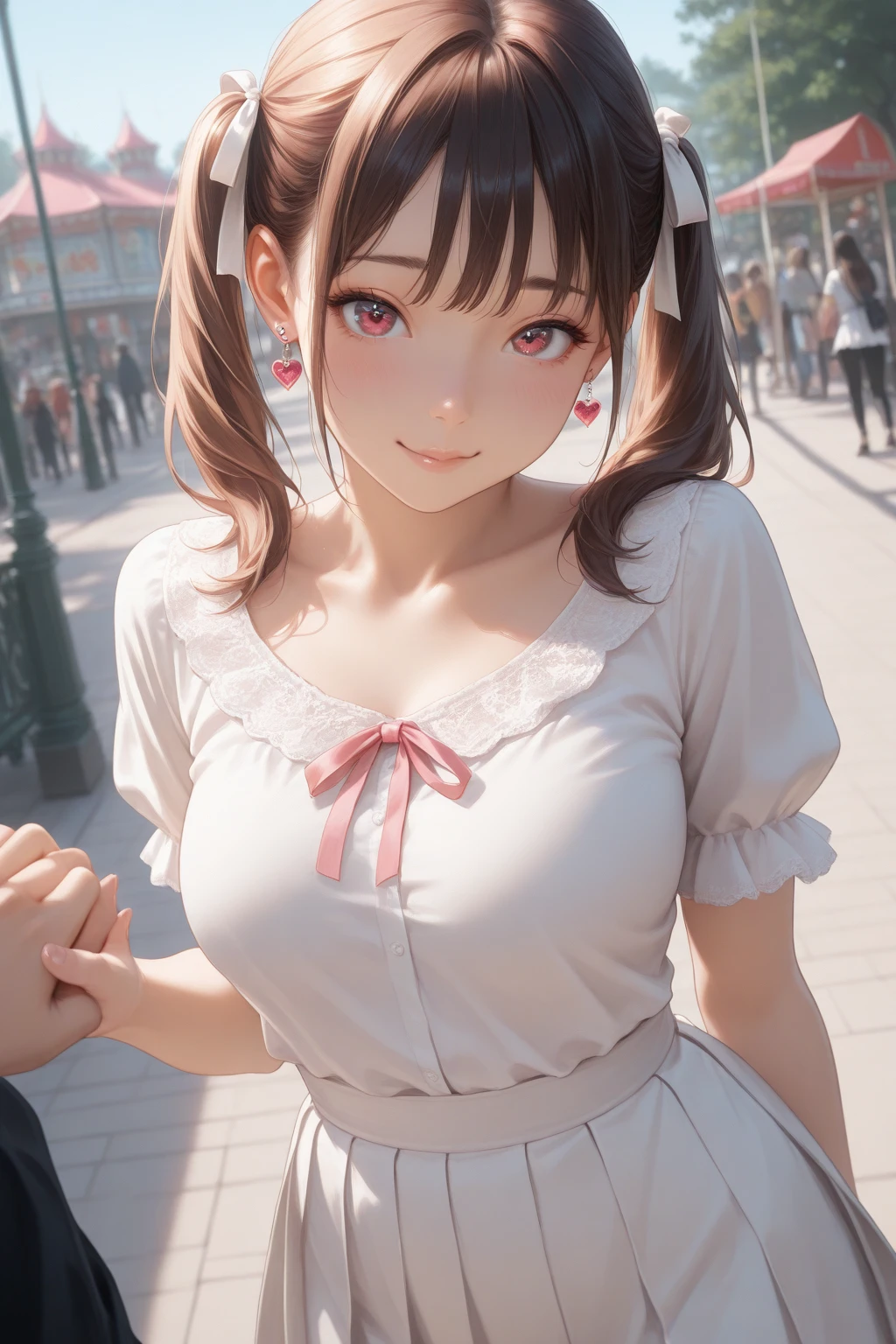 masterpiece, highest quality, One girl, View your viewers, Small waist, RAWphotograph,Hands intricately、Beautiful fingertips、 Ultra-realistic, High resolution, photograph, Sharp focus, Most detailed, Very detailed, Super detailed, In detail, Very detailed目と顔,Very detailed手と指、Idol、Thighs, beautiful girl,View your viewers, Small waist,Symmetrical face, whole body、White lace skin tight dress、No sleeve、White lace tight skirt、White lace knee socks、Cleavage、Large Breasts、Beautiful clavicle、Long Hair、Beautiful navel、Shyness、Happy expression、First Date、amusement park