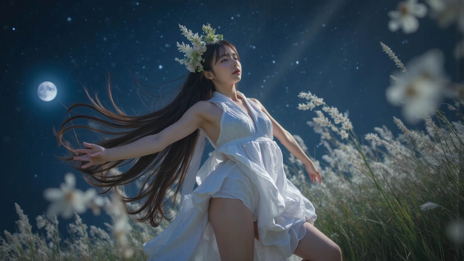 Best quality, Masterpiece, 超高分辨率, (Photorealistic:1.4),1girll, Solo, Realistic, Long hair,Meatball heads
,Black hair,Transparent raincoat,Nippur,full bodyesbian,View Earth from outside the International Space Station in space,breasts out,Skirt lift,Exposing the ,Pubic hair,sky,milky ways,Outdoor forest,Bare feet,flower field,At night,