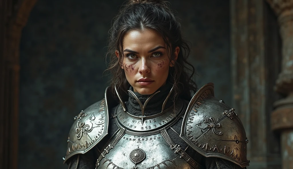 (best quality, hyperdetailed photography:1.2), beautiful lady, freckles, dark makeup, soft light, head and breast portrait, cover, (detailed beautiful face, detail skin texture, ultra-detailed body:1.1) ,((massive perfect breast)), ((snoopy breast:1.1)) dystopian warrior, strong body, red black hair, yellow eyes,, black golden armor,,