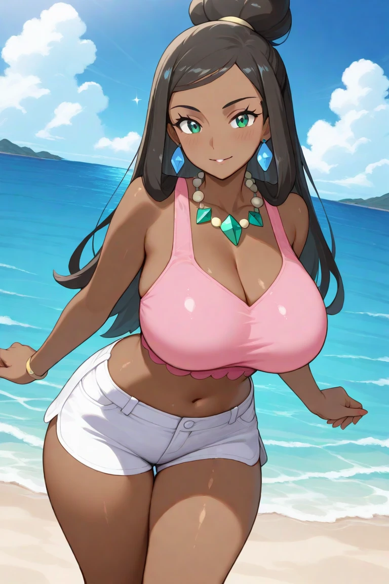 (work of art:1.2, best qualityer:1.2, dark ambient:1.1), SSBBW, Giant breasts, thunder thighs, soft, 1 girl, standing alone, Chel, Bblack hair, long hair, hombus stripe, eyes browns, darkskin, lipstick, breasts big, Broad Hips, top of the tube, neckleace, bared shoulders, emerald earrings, looking at the camera with a smug expression on his face, beach background, very large body, fat belly rolls, big breasts, sexy smile, fat arms, thunder thighs, super fat, looking at viewer, wet clothes, sweating very hard, sexy looking, blob, night beach, céu estrelado, night, very dark ambient, pov, sexy ambient, small girl, SUPER VERY VERY OBESE, LARGE GIRL, SHE GETS VERY HORNY,