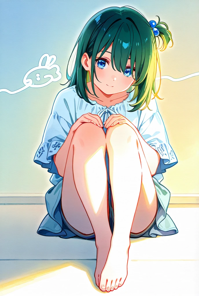 akanekurokawa, akane kurokawa, bangs, (Green Eyes:1.3), Blue Hair, Long Hair, dark Blue Hair,Black Tank Top,purple string underwear,barefoot,Sitting on the bed,Sleepy eyes,smile,blush,morning,morning陽,The sun is rising,whole bodyがイラストに入るように,
break indoors, Bedroom,
break looking at viewer,whole body,(Cowboy Shot:1. 5) 
break (masterpiece:1.2), Highest quality, High resolution, unity 8k wallpaper, (figure:0.8), (Beautiful attention to detail:1.6), Highly detailed face, Perfect lighting, Highly detailed CG, (Perfect hands, Perfect Anatomy),