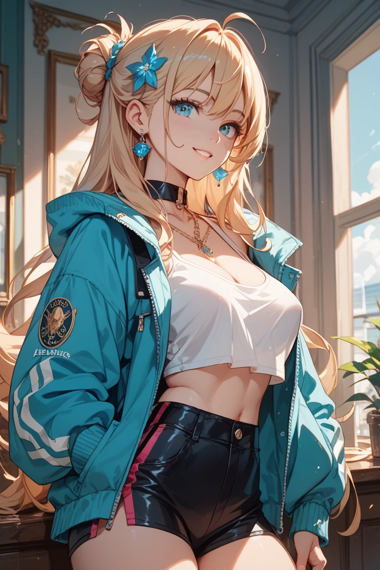最high quality、Best image quality、masterpiece、With a girl((cute、15 years old、Best Bust、Medium Bust、Bust 85,Beautiful Blue Eyes、Spread your chest wide,Blonde lointail、Slender、The best valley、、Black Bikini、,Show the whole body、Black perforated gloves,Blue Mesh,Leaning forward greatly、Blue Sports Sunglasses、Blue Intercom,Sweating profusely、Face Paint、Grin、Spray canを持つ))high quality、Beautiful art、background((White wall、graffiti、paint、Spray can、folding chair)),Tabletop、Exquisite design、Visual Arts、Depth of written boundary、Best lighting、Highest detail、8k