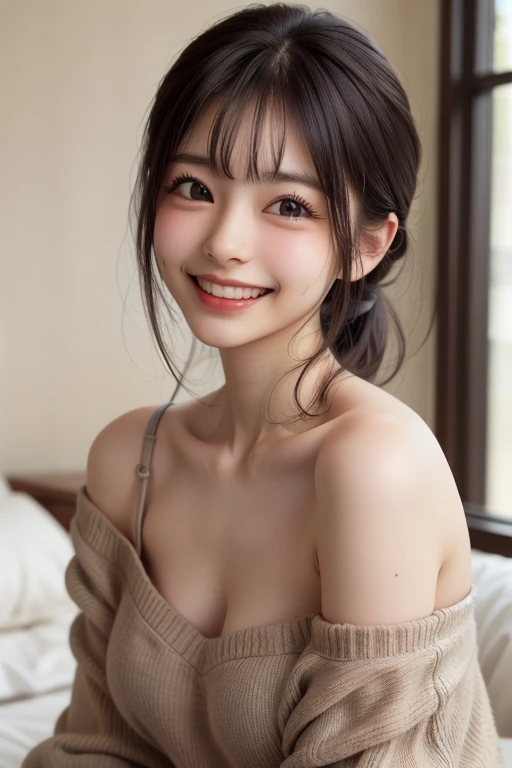 (masterpiece:1.3), (8k, Photorealistic, RAW Photos, Best image quality: 1.4), Japanese 、(Random Hairstyles:1.2)、Cleavage:1.2、Super detailed face、Attention to detail、double eyelid、Put your chest together、Sharp focus:1.2、Beautiful woman:1.4、Light brown hair、Highest quality、masterpiece、Ultra-high resolution、(Photorealistic:1.4)、Highly detailed and professionally lit smile、Loose, lightweight knitwear、Shoulder out、thin、Serious expression、Short-haired、Deadly position