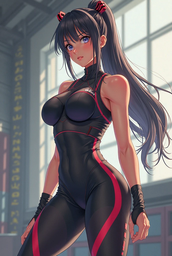 a ninja, pretty face, serious face, short black hair, green eyes,