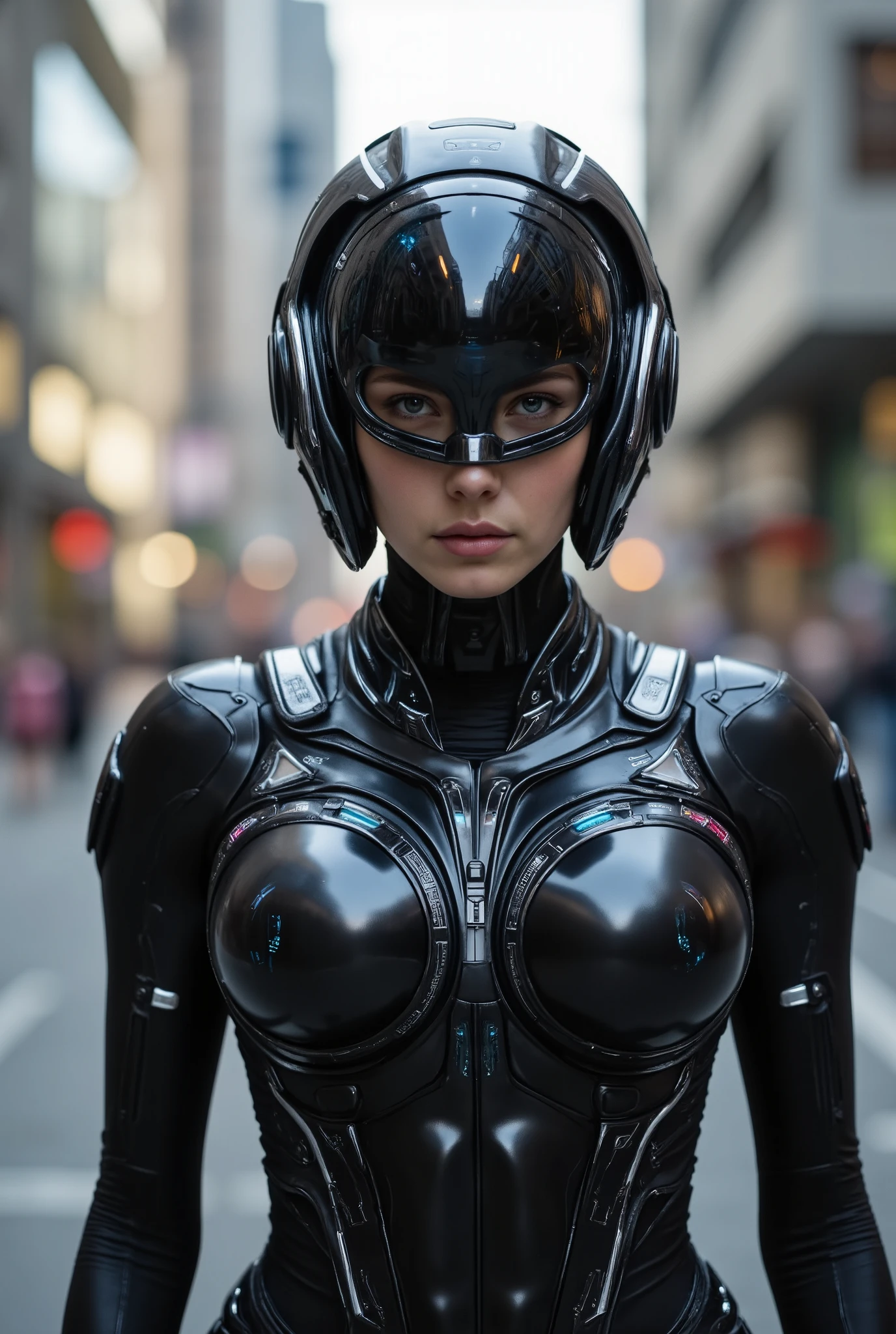 Highquality photo sci-fi portrait of slim young very fullbreasted woman standing in a street of a sci-fi city. She wears a shiny tight black futuristic cyber helmet with dark transparent visor, intricate technical details, holographic datarows on the visor, small neon controllights. Her body is completely enclosed in a shiny black cybersuit with a pattern of electrical curcuit lines, sensors, electrodes, a belt with a powerbox and a remote control. Her huge round breasts are completely covered by the black cybersuit, reflecting the daylight. She looks provoking dominant into camera. The city in the background features far advanced architecture and technology style. All surfaces are made of shiny silver metal or clear glass with a slight blueish shimmer. All is shining and reflecting in morninglight. Highly detailed, UHD.