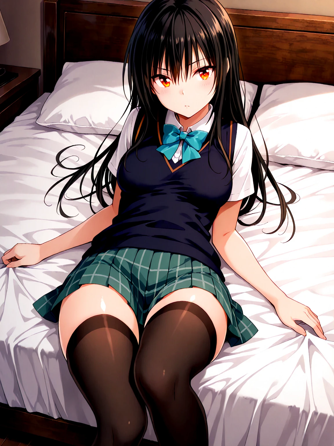 A woman, 18 years old, bedroom, feminine decor, luxurious room, serious, shocked, sobbing, hugging a stuffed animal, lying down, bed, head on pillow, crossing her legs, hourglass shaped body, shapely legs, medium chest, medium hip, small waist, long hair, black hair, honey eyes, wattle eyes, casual wear, mini skirt, mini skirt with flower patterns, pleated mini skirt, thigh high stockings, stockings held up by garters, stockings with diamond patterns, blouse, blouse with lace, neckline, blouse with butterfly patterns, patent leather shoes, medium heels,