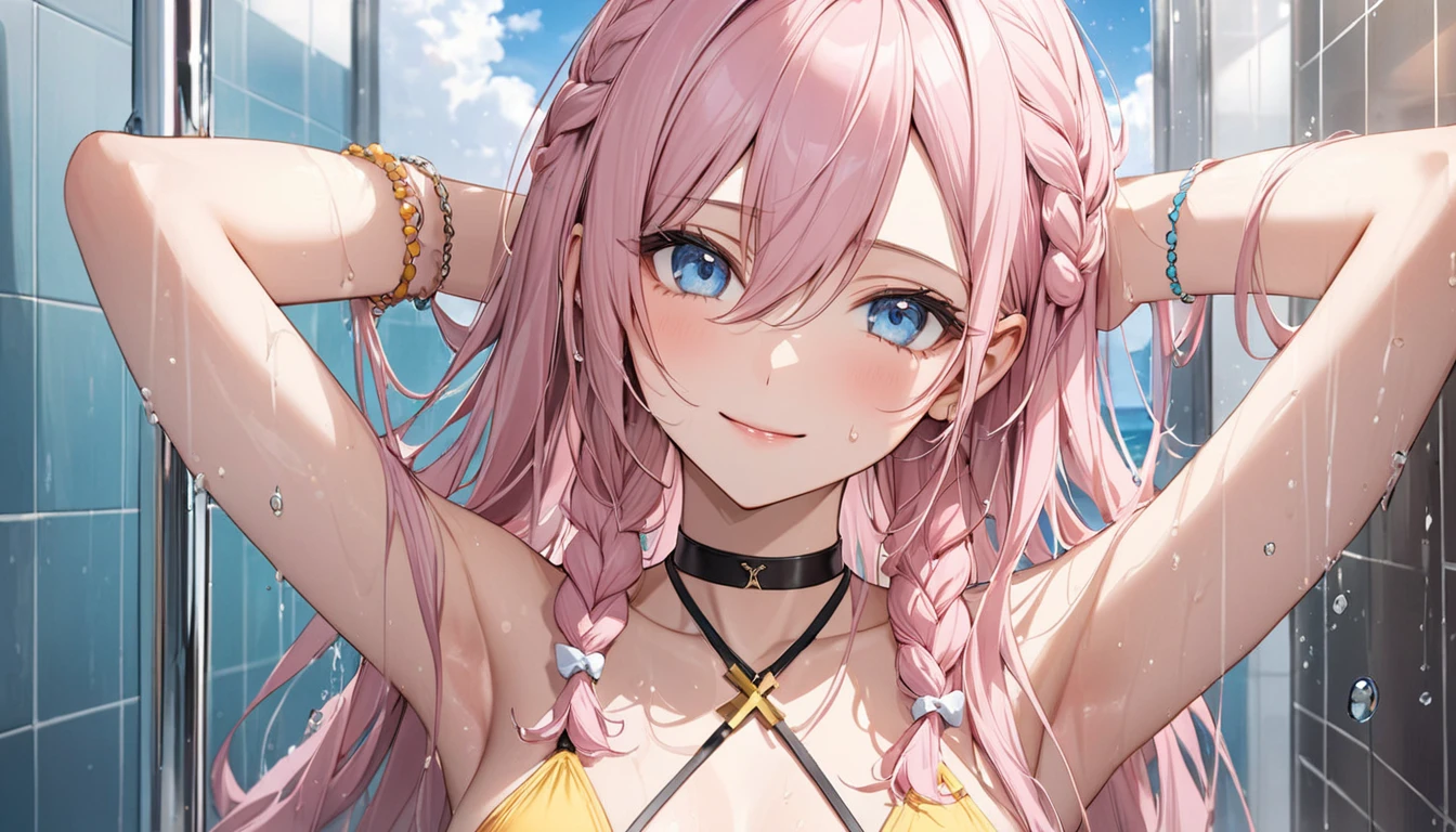 A girl in a bikini with a mischievous smile and straight pink hair