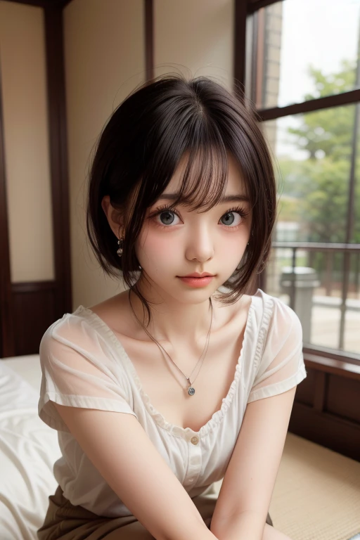 absurdres, (masterpiece, best quality), (ultra-detailed), extremely detailed,super high resolution, (Top Quality photorealistic Illustration), (Super Definition), (best quality,masterpiece:1.0),(cute illustration:1.3), (high Saturation:1.2), highres, ultra-detailed, 32k,8k resolution, intricate details, cinematic scene, detailed background, Soar (High chroma),(Sparkling),bathroom, BREAK (1 girl) (kawaii:1.6), (cute:1.6), Beautiful and delicate eyes, Delicate and beautiful face, Facial accents, Perfect figure,(open shirt:1.6), (show off nipples:1.6), (exposing bare breasts:1.3), (exposed chest:1.3), (medium breasts:1.3), (small areolas:1.4), Uniforms、bright expression、short bowl cut、Young shiny shiny white shiny skin、Best Looks、Natural black hair with dazzling highlights、shiny light hair,、short hair, silky straight hair、Beautiful bangs that shine、Double eyelids、eye liner、Glowing crystal clear attractive big brown eyes、Very beautiful nice cute 14 year old Nordic girl、