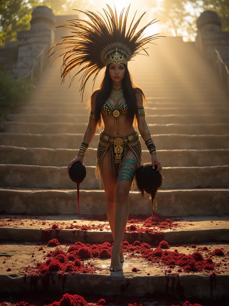 Beautiful Aztec priestess, sexy Aztec priestess clothing, at the top of a stepped pyramid, jungle background, (sacrificing a man on a bloody altar), masterpiece, cinematic lighting, RAW photography, backlight, bokeh, sharp focus, rim lighting, 8k, high quality