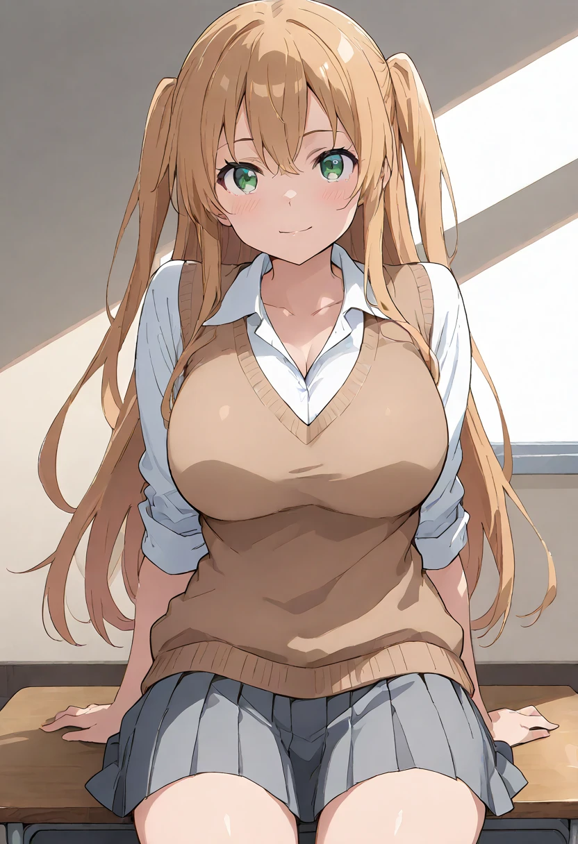 masterpiece, best quality, highres, hmmisaki, long hair, symbol-shaped pupils, +_+, large breasts, tokiwadai school uniform, sweater vest, short sleeves, white gloves, elbow gloves, pleated skirt, white thighhighs, <lora:shokuhou_misaki_v2:0.7>, smile, open mouth, leaning forward, indoors