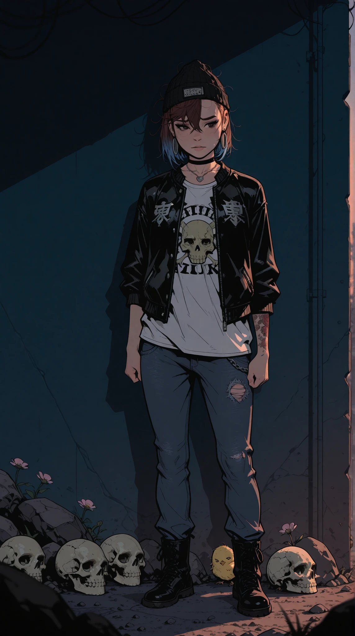 HDR, 8K, high contrast, masterpiece, best quality, amazing quality, very aesthetic, realistic, newest, volumetric lighting, (flat colors:0.7), (incase:0.3), (tsuaii:0.3),Sinozick_illu, , momo ayase (dandadan), brown hair, short hair, hair between eyes, asymmetrical bangs, brown eyes, earrings, black choker, at the the Grand Central Terminal, cinematic, medium shot, whole head in frame, detailed face, detailed eyes, evening, punk aesthetic, pale blue ripped jeans, black boots, white shirt, skull, heart, necklace, chain, bullets, black leather jacket, dark blue beanie, tattoo sleeve, right arm, intricate design, flowers, yellowed skull, dyed hair, light purple roots, blue ends, navy T-shirt, rock, chick, messy hair, Full body, Beautiful anime waifu style girl,