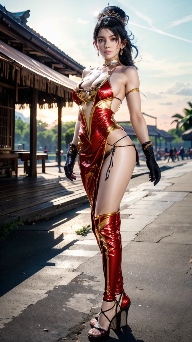 ((masterpiece:1.4)、(top-quality:1.4)、(reallistic:1.7))、Sexy Beauty Model Fashion Show、1girl in、Extraordinary beauty、Bondage style:1.4、latex shiny:1.4、Latex bodysuit、By Luis Royo、age19、Ultra Bikini、Looking Back Beauty、Outstanding style、Ergonomically normal body shape、standingn、fullllbody、foco nítido:1.5、Slender Abs、beauty legs、Beautiful ass、A detailed eye、Raw photo、red-lips、Red high heels、a choker、a necklace、耳Nipple Ring、The background is the Met Gala at the Metropolitan Museum of Art in New York、