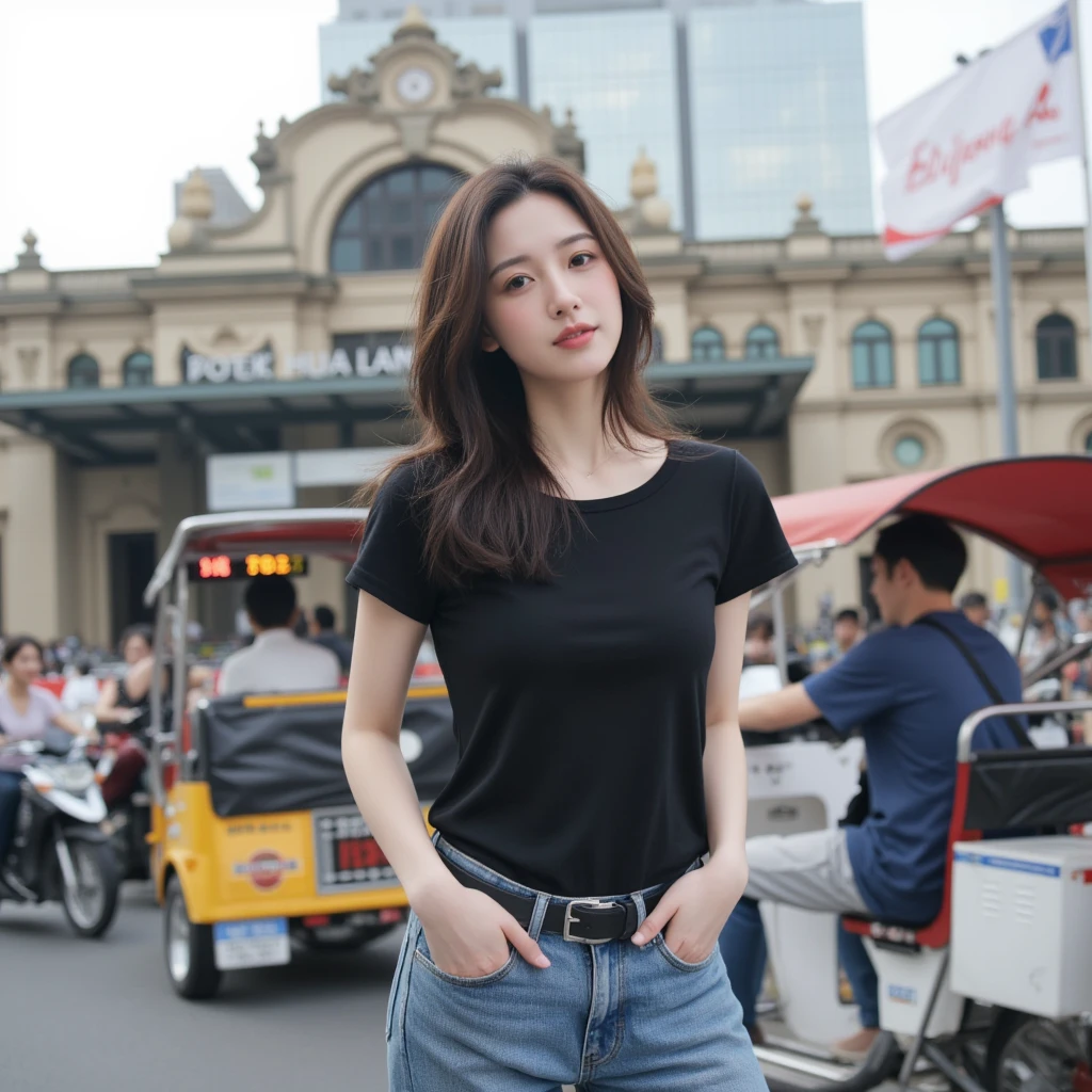 masterpiece, best quality, photorealistic, Greek, 1girl, adult woman, border shirt, colored glasses, (in crowded and bustling downtown at day)