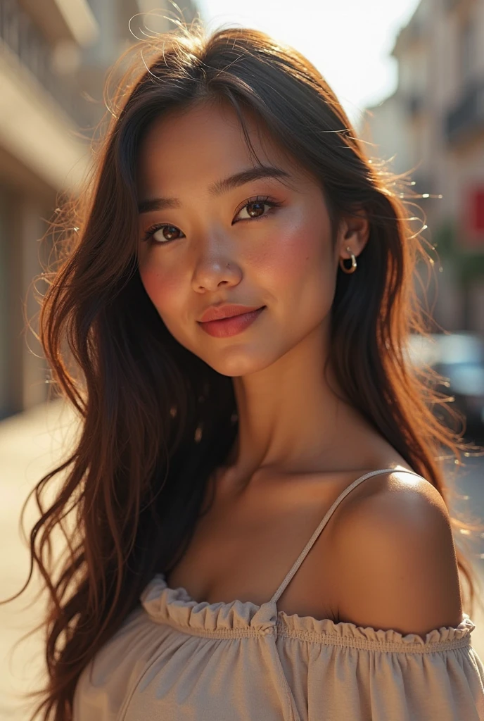 ((light brown skin)), ((Its beauty is undeniable)), ((Excited cute face)), ((Hyper detailed perfect brown eyes,)), ((pose mignonne)), ((Langue sortie)), ((Seductive )), sexy, (( Tight mesh shirt, black mini skirt sexy)), ((Afro ponytail with long dark hair,)), (( peau)), ((debout, vue de face)), ((toucher ses propres jambes dans une pose sexy)), ((dehors, Ville publique)), Sharp Focus CGI, photoreallistic, High detail, Realstic, Masterpiece, absurdes, Best quality, Hdr, High quality, high-definition, Extremely detailed, 8k wallpaper, Intricate details, 8K UHD, Full-HD, (photo realist:1.2), contraste, intense illumination, lighting cinematic, natural lighting, hard light, contre-jour, Illumination globale, occlusion ambiante