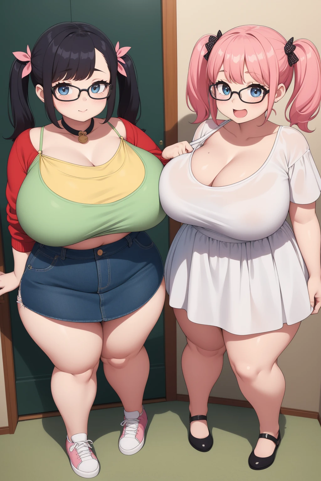 a pink haired fat girl mutating into a two headed freak in a lab at school. Her new second head is tearing an hole as it grows from her neck out of her shirt that barely covers her massively round natural breasts and belly.