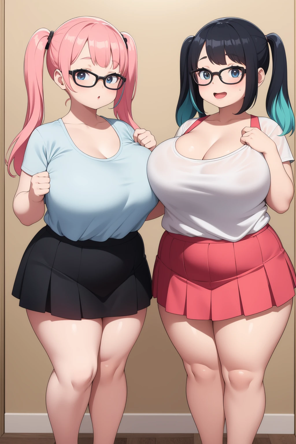 (((kipteitei art))), ((masterpiece)), (((best quality))), ((ultra-detailed)), (((illustration))), detailed face, detailed body, ((2girls)), ((Line art)), (in the style of cell shaded), (vivid colors), skindentation, (((fluffy hair))), looking at viewer, surprised, shocked, worried, tee shirt, blue jeans, skirt, (tight clothes), ((school hallway)), medium breasts, cleavage, perky breasts, tummy bulge, (((plump))), fat folds, (belly hang), she has a jiggly belly, soft body, gaining weight, (((wide hips))), ((((thick thighs)))), 2 girls standing next to each other, (shirt tug), (pulling shirt over belly),