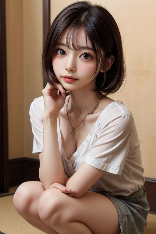 ((sfw: 1.4)), detailed face, cute face,brown eye, , extra short hair, sidelocks-hair, master piece , best quality, earrings, necklace, matured woman face , squatting , blouse , japanese , room , indoor