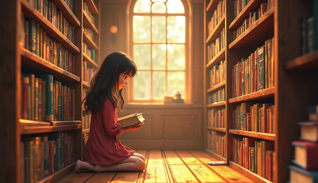 A little girl with black hair sitting in a large library with floating bookcases. From her head there is a giant thought bubble of colors. Realistic art.
