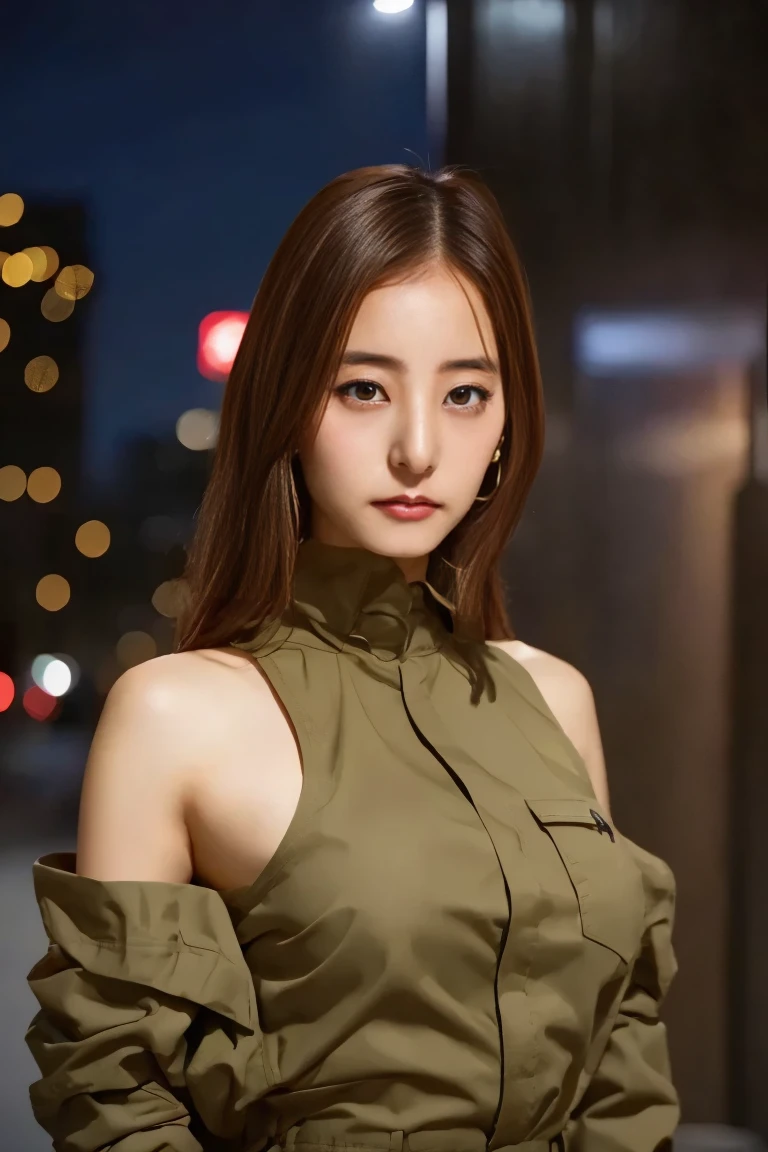 (lifelike, high resolution:1.3), 1 girl with a perfect figure, The face shape and eyes are super beautiful,Long hair, Random color vest:1.2, Short jeans, Big ,Showing cleavage