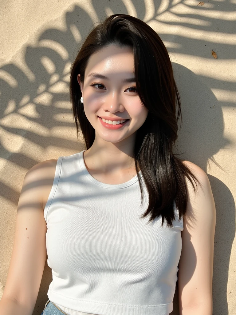 ((best quality)), realistic, Optical Realism, realistic, high resolution, beautiful, Young face,20 years old,chubby girl, white skin, Pale skin,smile, gigantic colossal breasts:1.3, Fighting posture, Looking at the camera, (detailed face), long wavy hair, blonde hair, (Wear white bikini), half figure, half body shot,