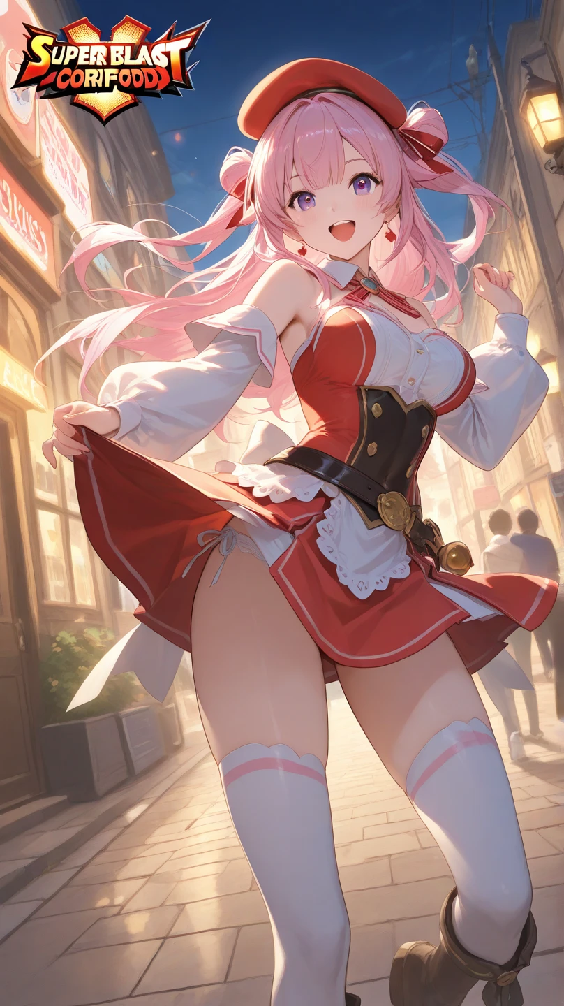 1girl, x hair ornament, large breasts, pink cheerleading uniform, belly, night, stadium background, cute face, smiling,nsfw,(blushing:1.3), (cum on stomach:1.4)