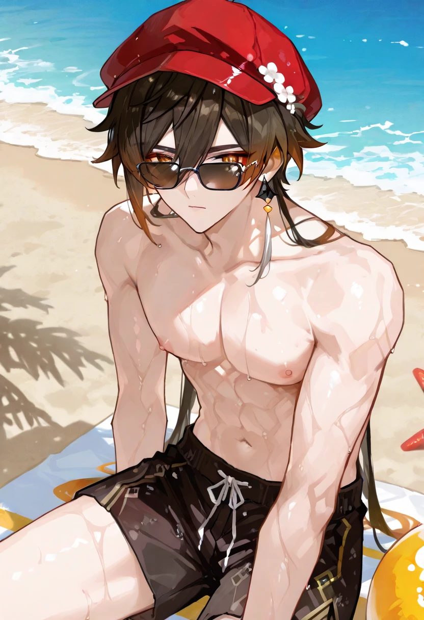 masterpiece, highres, absurdres, illustration, ((masterpiece:1.4, best quality)), (Ultra detailed background), 1boy, handsome man, highly detailed beautiful face and eyes, beautiful eyes, (sharp detail:1.3), shiny, earrings, bracelet, (wet bikini:1.3), Bari, Cebu Island, plumeria, near the beach, 1boy, sitting on floor, dynamic angle, full body, malleus draconia (twisted wonderland) horns, bishounen, boy, male, yana Toboso style, long hair, black hair, yellow green eyes, smile, gray lips, handsome, skinny, tall, yellow green glow,AddXL