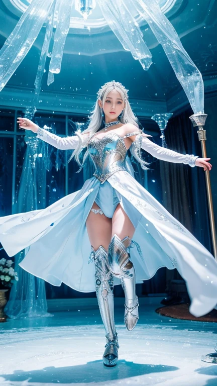 Generate an image of an enigmatic sorceress named Seraphina Frostwind. Picture her with flowing ice-blue hair, piercing silver eyes, and a gown made of ethereal frost. She holds a crystal staff that emanates a soft, icy glow, and her presence commands the attention of the enchanted creatures that surround her in a wintry forest.