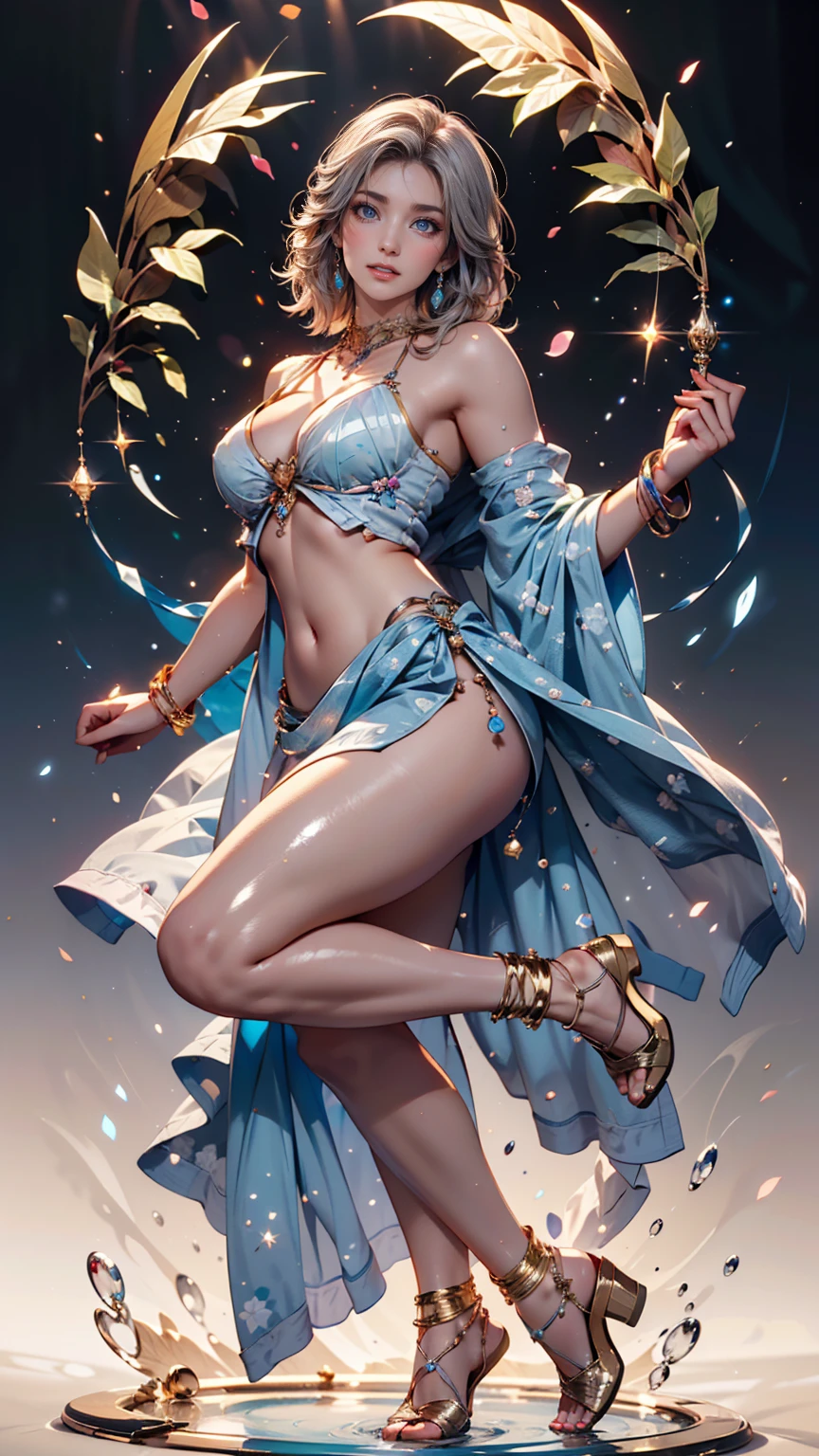 A dancer in a colorful lovely sheer dress, twirling and dancing on stage, a band playing in the background, cinematic lighting, vibrant colors, (best quality,4k,8k,highres,masterpiece:1.2),ultra-detailed,(realistic,photorealistic,photo-realistic:1.37),dynamic pose, intricate details, stunning visuals, ethereal, graceful movements, elegant, mesmerizing